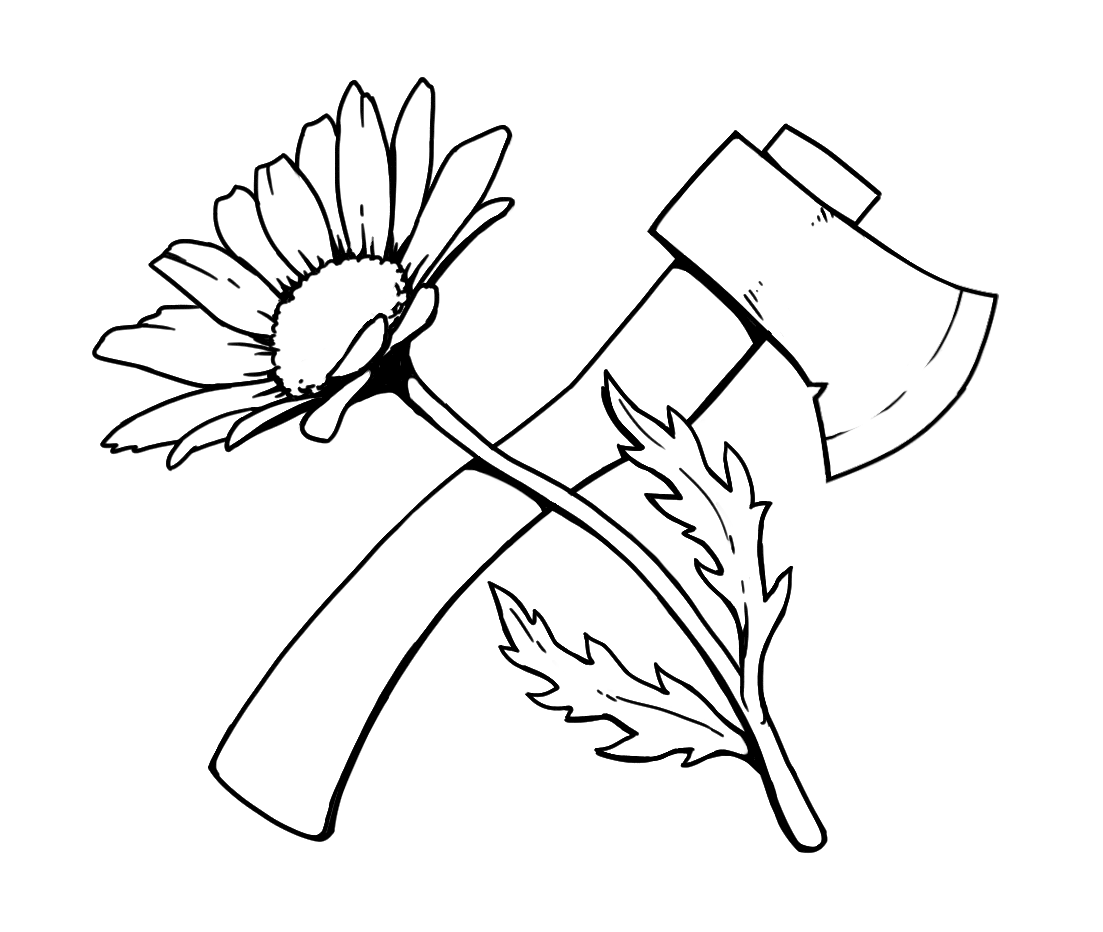 A black and white drawing of a daisy crossing over a hatchet